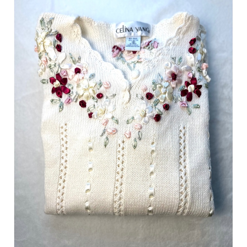 Vintage Celina Yang Sweater Womens M Ivory Cottagecore Coquette Grandma Ramie